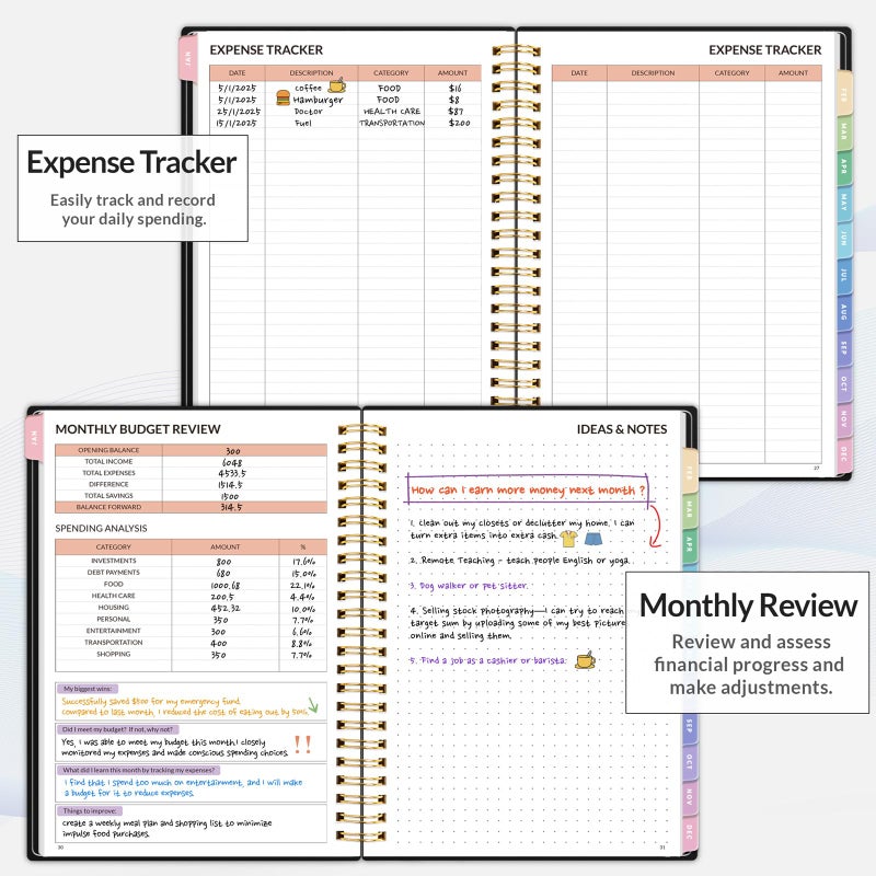 ساني مخطط الميزانية 2026 - كتاب الميزانية الشهرية من يناير 2026 - ديسمبر 2026 مع دفتر تعقب النفقات، مقاس A5 (6.4 بوصة × 8.3 بوصة") دفتر حساب منظم الفواتير ومخطط المالية لإدارة أموالك، أسود - Image 4